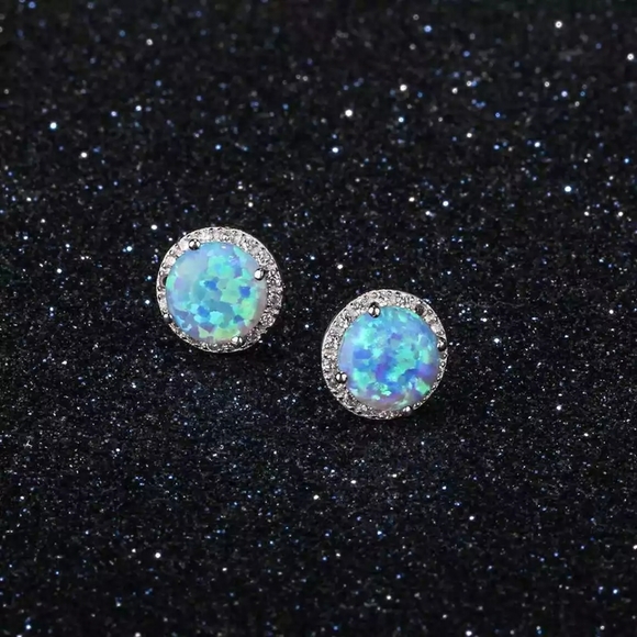 925 Sterling Silver Blue Opal Diamond Halo Stud Earrings - Picture 2 of 7
